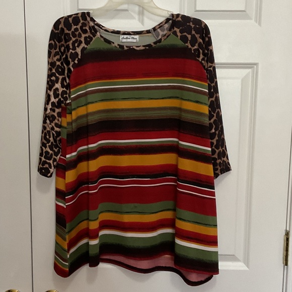 Southern Charm Tops - Striped Long Sleeve Top with Leopard Print